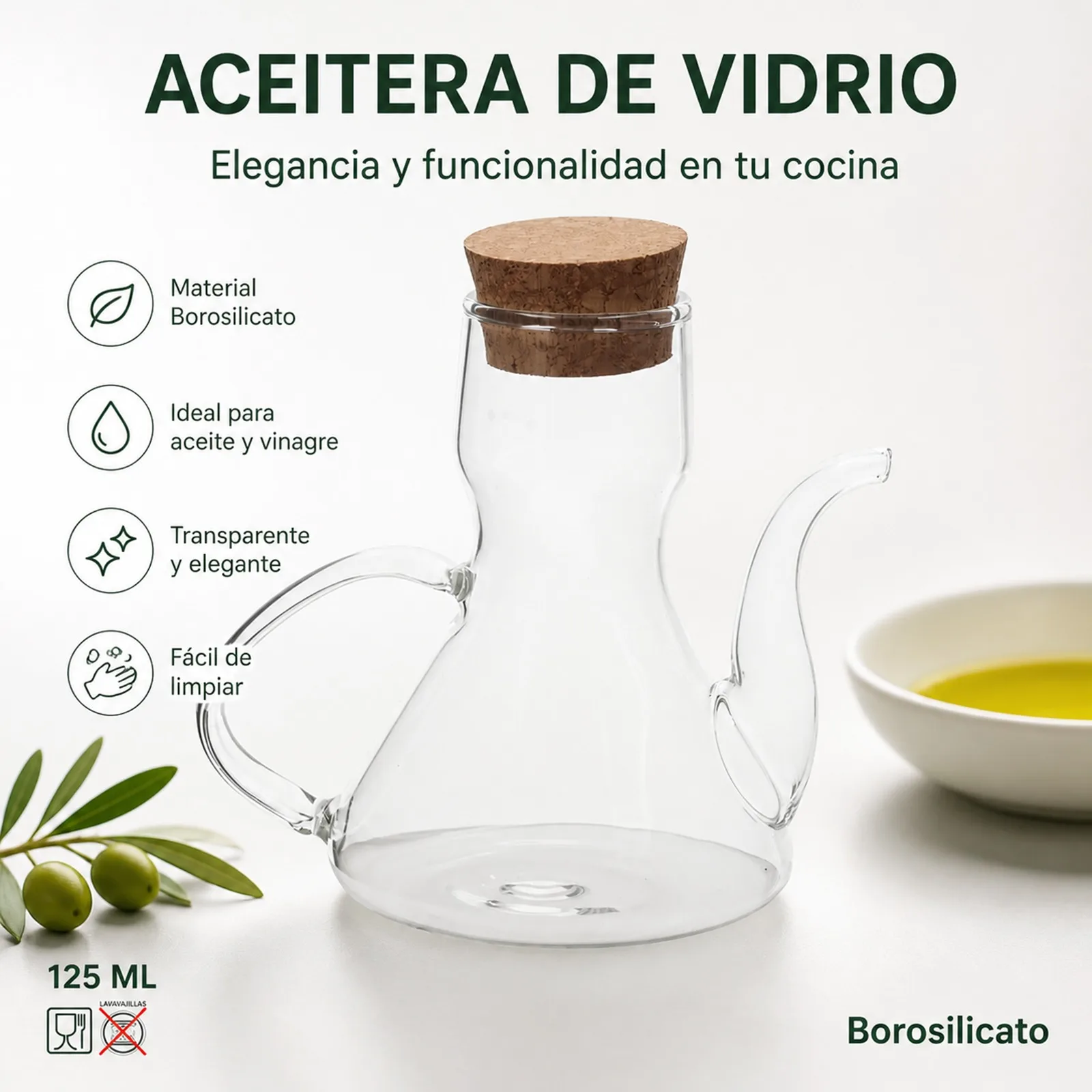 Bouteille à huile en verre borosilicate avec bouchon en liège naturel, distributeur d'huile et de vinaigre avec bec verseur anti-goutte et poignée ergonomique, bouteille de cuisine élégante de 125 ml, 250 ml ou 500 ml