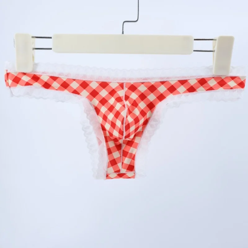 Man's Lace Hem Plaid Briefs Bikini U Convex Low-Rise Thong Lingerie G String LGBQ Private Party Live Show T-briefs Harajuku﻿﻿﻿