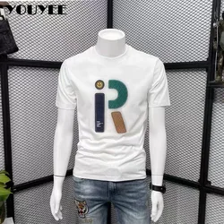 Summer New Light Luxury Short Sleeve T-shirt Men's Mercerized Cotton Slim Letter T-shirt Male Round Neck Fashion Clothes For Man