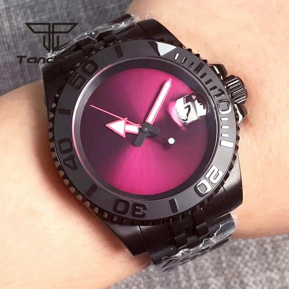 Tandorio Purple Sunburst Dial Sterile 40mm NH35 Automatic Men's Black Pvd Watch Mechanical Sapphire Date Simple Style Wristwatch