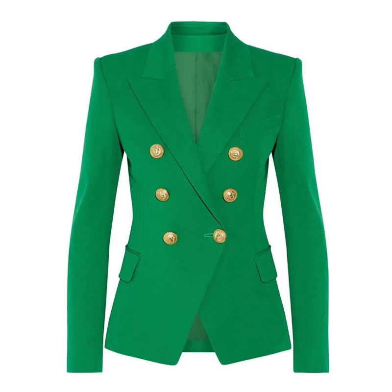 Lady Tailored Green Blazer Jacket V‑Neck Double Breasted With Lion‑Head Gold Buttons Slim Fit Suit Coat for Work Formal Occasion