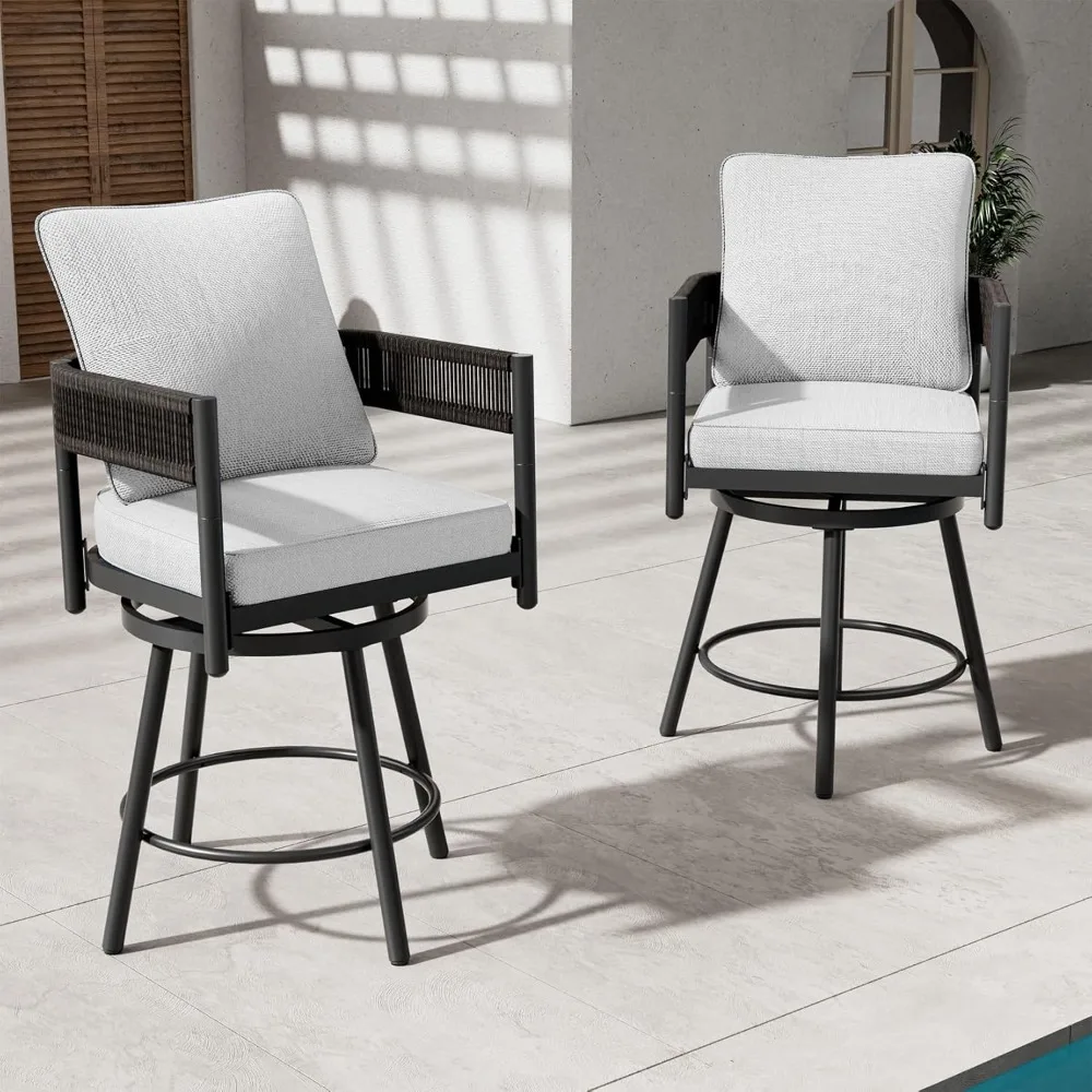 

2 sets of outdoor rotating bar stools on the large terrace, with rotating chairs at the table height and metal frames