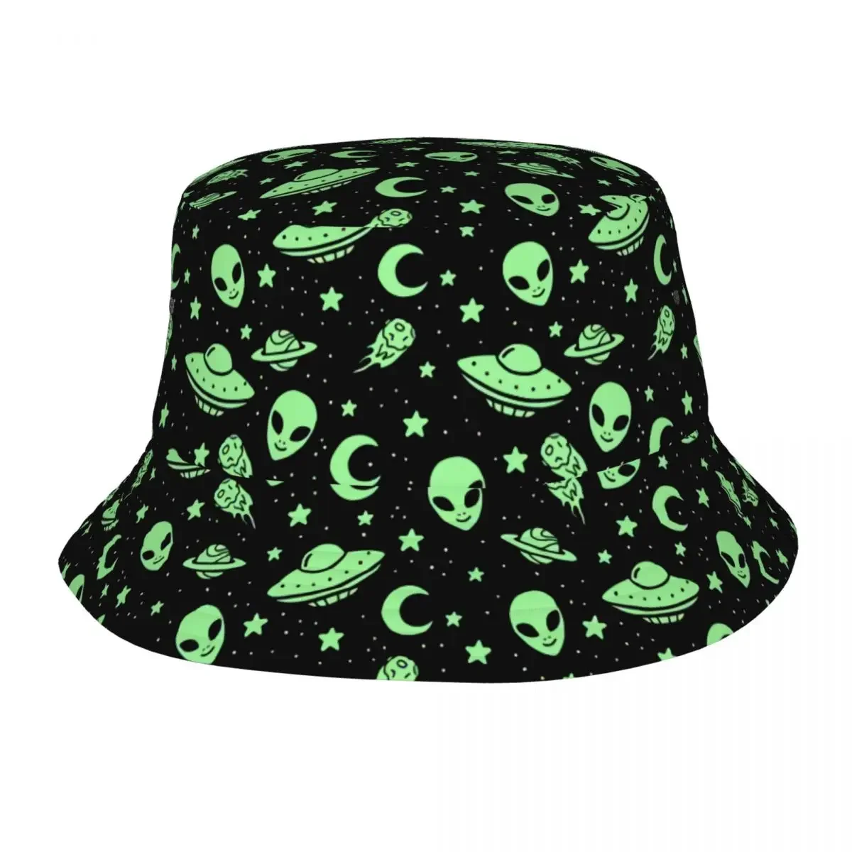 Foldable Alien And UFO Pattern Bucket Hats For Women Men Printed Summer Beach Sun Fisherman Cap