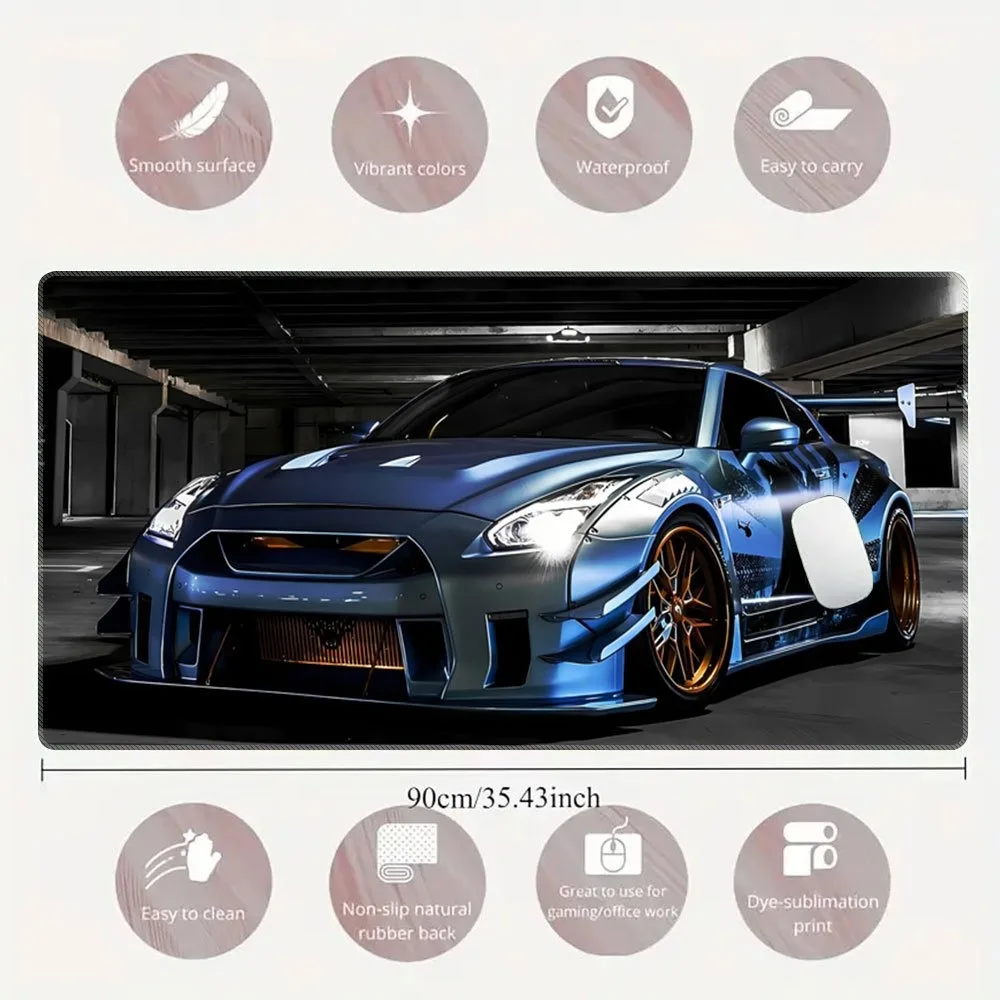 Blue racing table mat and game mat, with ergonomic design of sports car, and racing-themed workspace accessories tappetino mouse