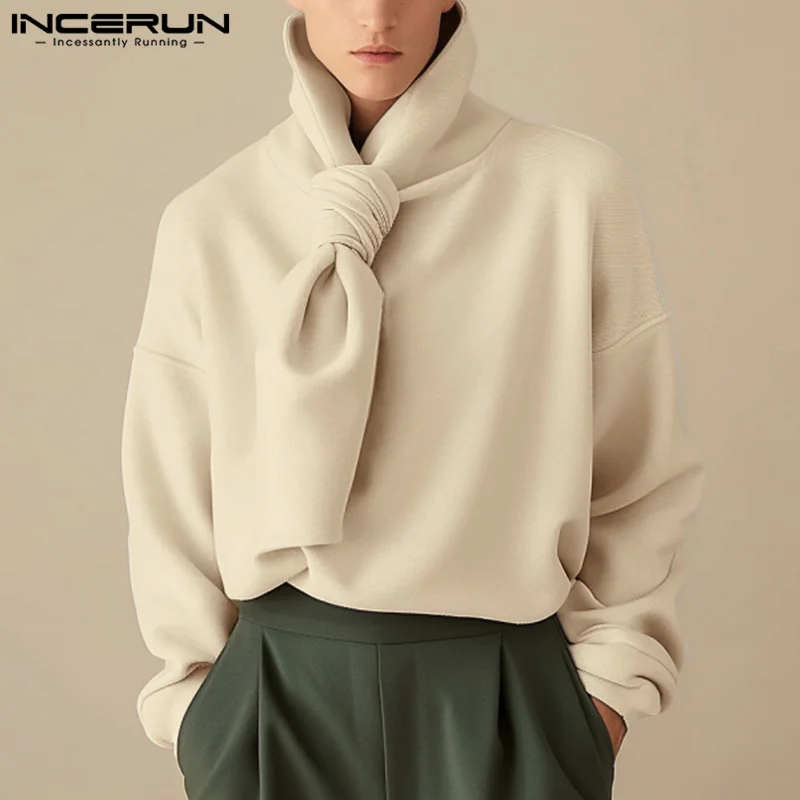 

INCERUN 2024 Stylis Men's Autumn Sweatshirts Cape Neck Tie Up Solid Color Long Sleeve Warm Pullovers Casual Male Hoodies S-5XL