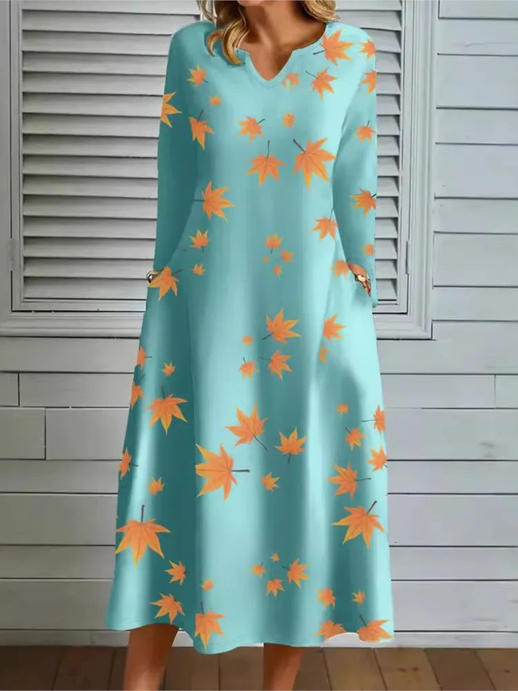 

Autumn Fashionable Printed Dress New Maple Leaf Printed Long Sleeved V-neck Swing Dress Spring Women's Casual Daily Streetwear