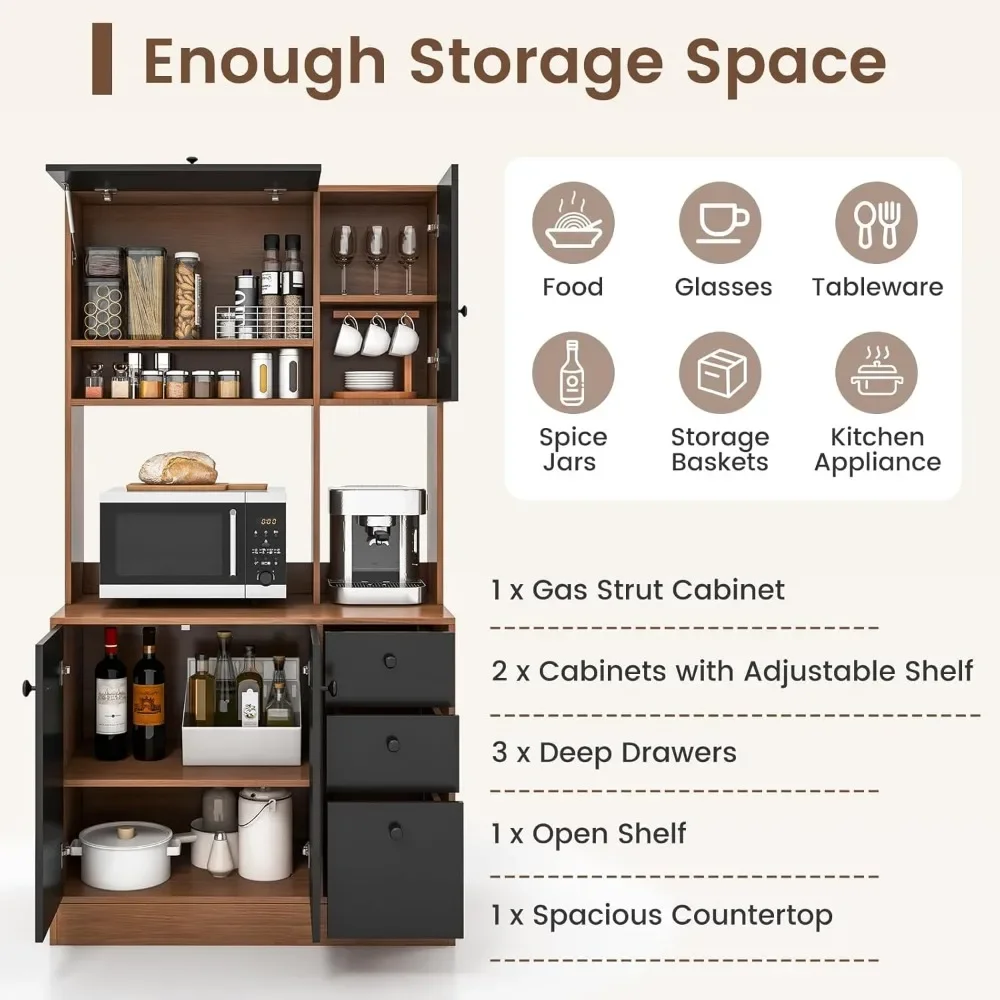 71" Freestanding Pantry with 3 Cabinets & Drawers, Adjustable Shelves, Microwave Cupboard for Living Room, Dining Room