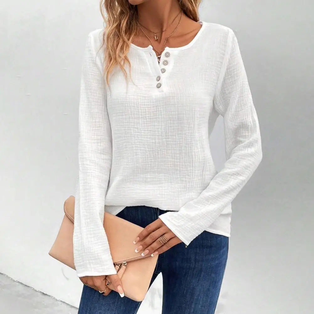 

Button Embellished Women Top Stylish Women's Solid Color Loose Fit Long Sleeve Pullover Tops with Round Neckline Buttoned for A