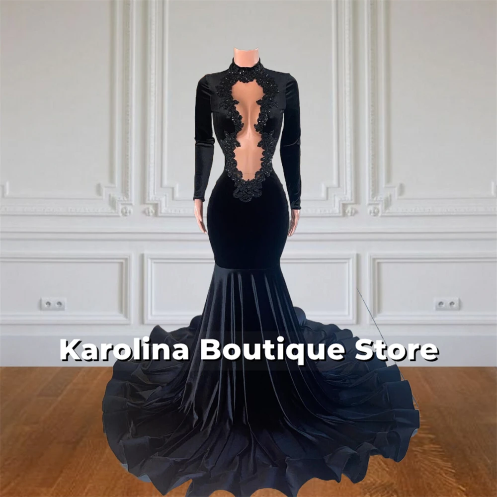 

Black High Neck Beaded Lace Appliques Prom Dresses Long Sleeves Mermaid Elegant Party Dress For Blackgirls Formal Gowns African