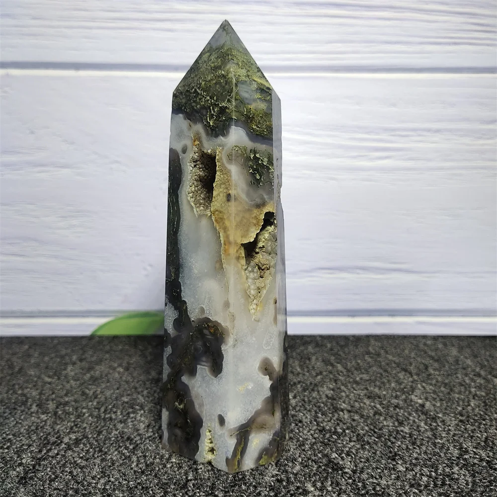 Natural Crystal Water Grass Agate Geode Hexagon Prism Tower Obelisk Spiritual Meditation Reiki Gift Stone Home Decoration