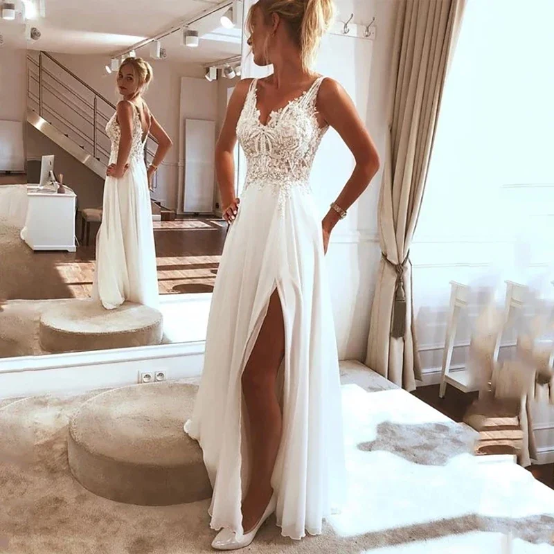 Vestido de novia bohemio de encaje con abertura lateral, traje Sexy con apliques, hecho a medida, para playa