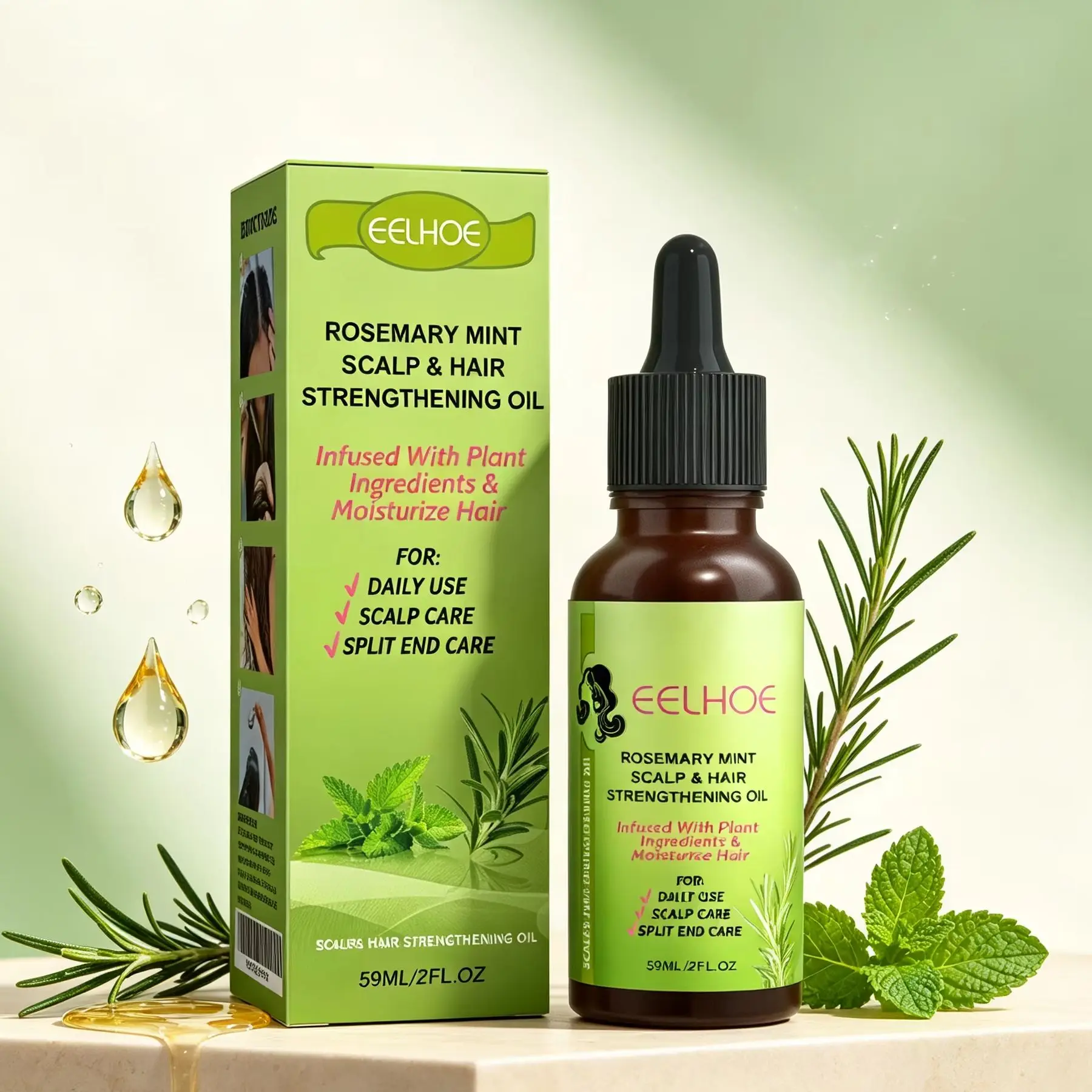 EELHOE Rosemary Hair Oil Mint Dense Strengthening Hair Growth Promoter Massage Scalp Care Anti Frizz Moisturizing Hair Oil 59ml