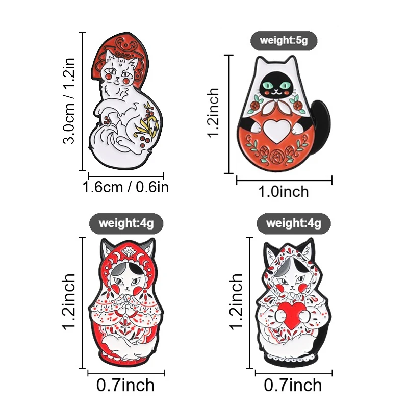 Russian Matryoshka Cat Badge Retro Russian Nesting Doll Cat Red Floral Headscarf Kitten Enamel Pin Bag Lapel Brooch Jewelry Gift