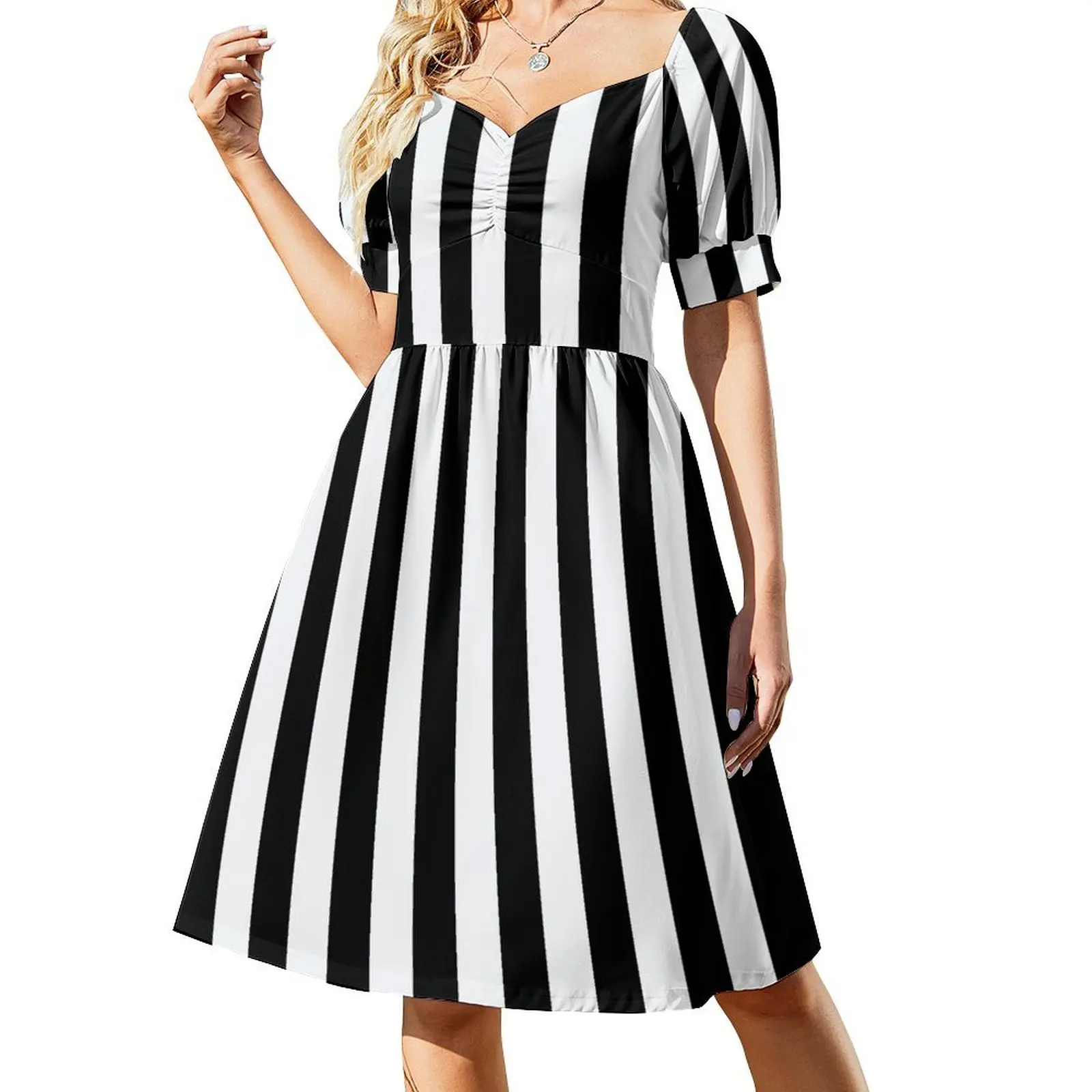 

Black and White Vertical Stripes Short Sleeved Dress clothes for women chic and elegant woman dress dress for women 2025