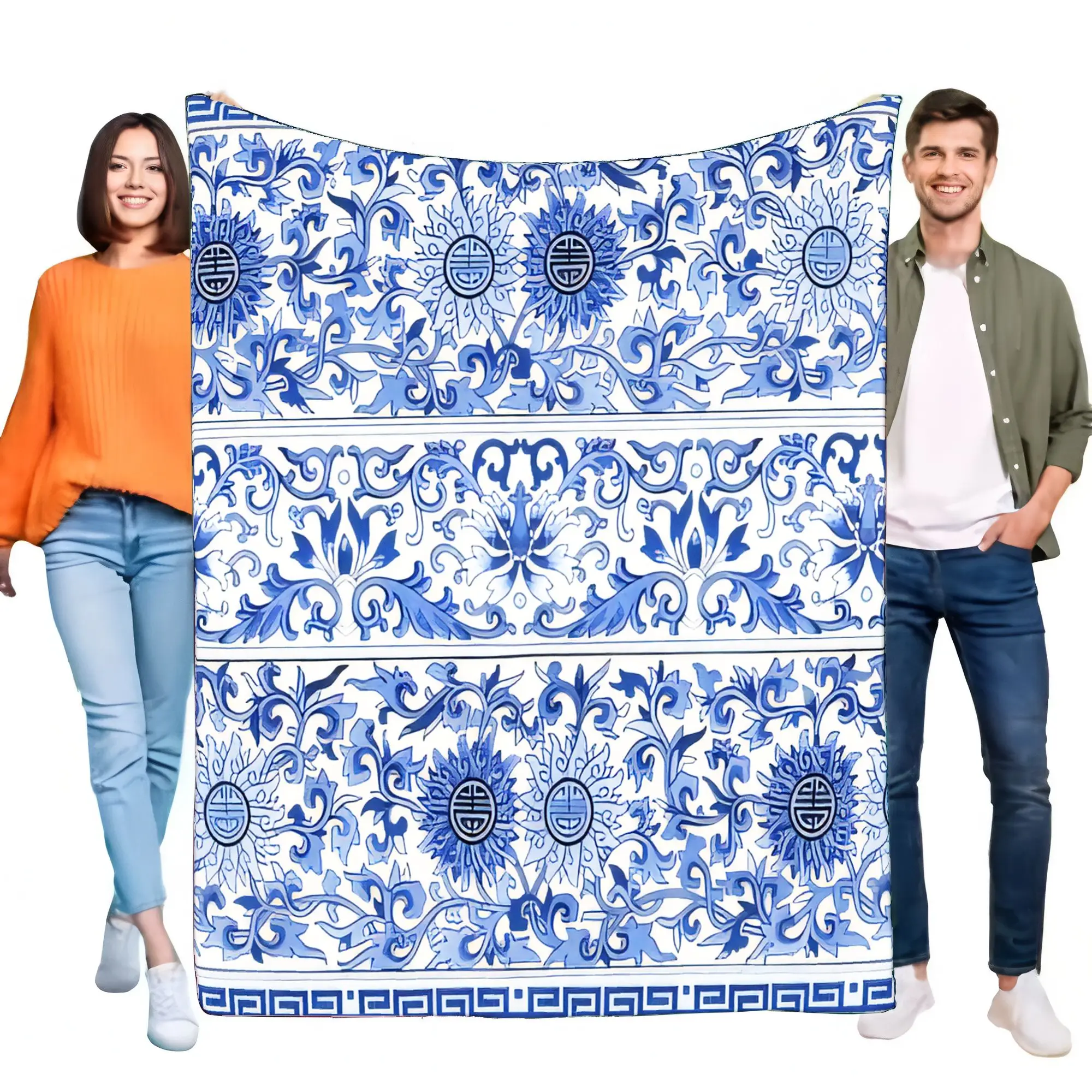 Chinese Blue White Porcelain Blanket, Soft Cozy Artistic Chinoiserie Floral Scroll Lucky Fu Throw, Lightweight Bed Sofa Home Dec