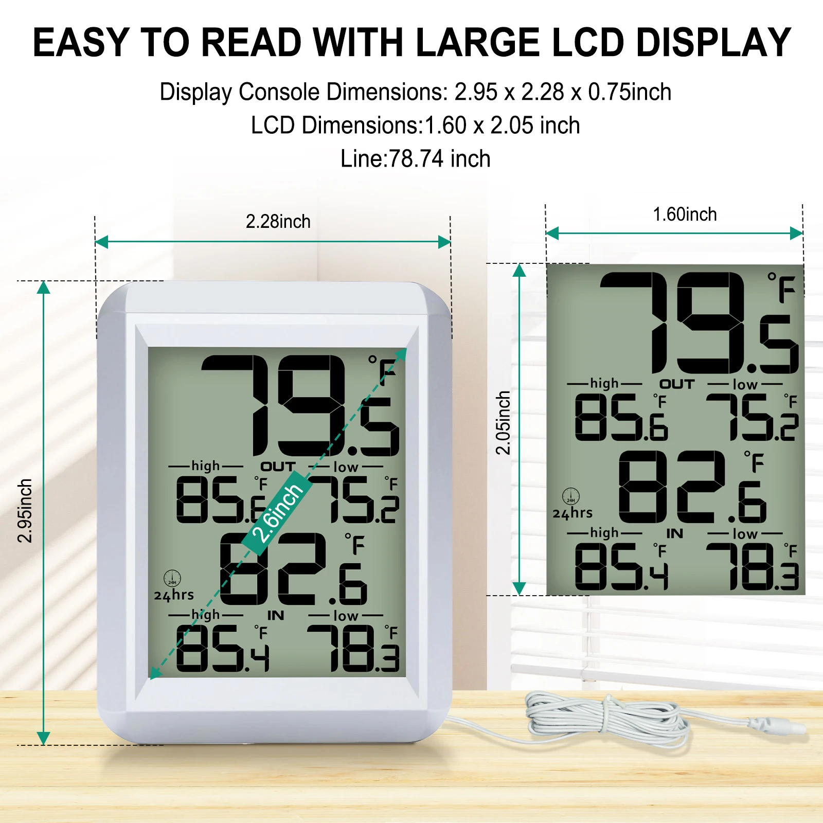 MASTFUYI LCD مقياس درجة الحرارة والرطوبة الرقمي للمنزل داخلي وخارجي مع محطة طقس صغيرة لتسجيل الحد الأدنى/الحد الأقصى