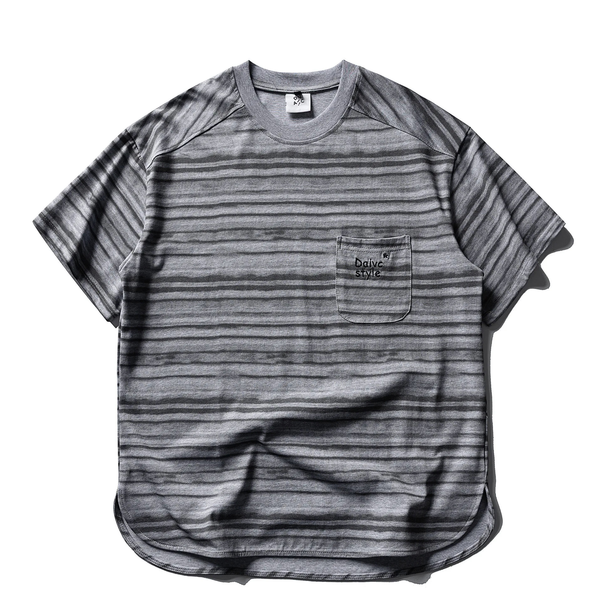 Retro Striped Pocket Embroidered Short-sleeved T-shirt Men and Women Loose-fitting Half-sleeved