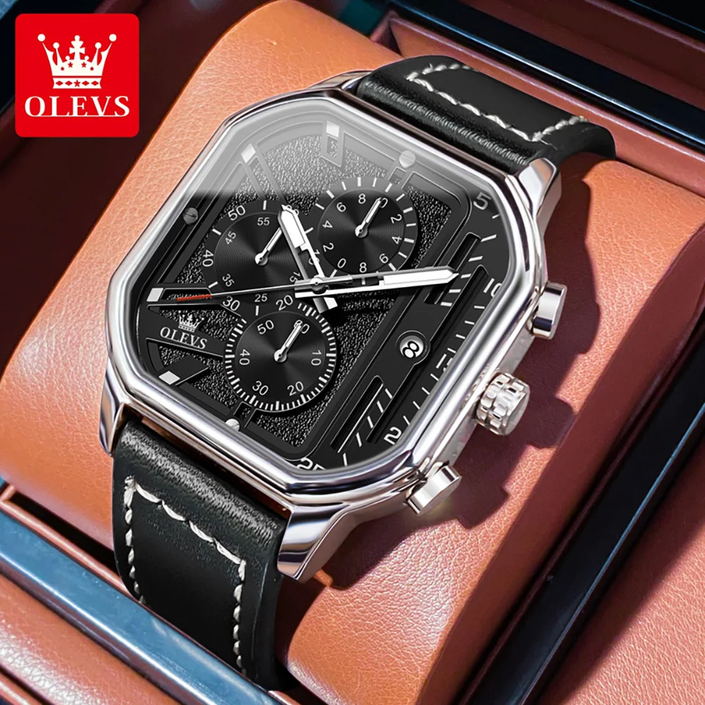 

2022 OLEVS Man Square Dial Quartz Watches Leather Strap Waterproof Luminous Hands Luxury Male Wristwatch Sport Fashion Reloj