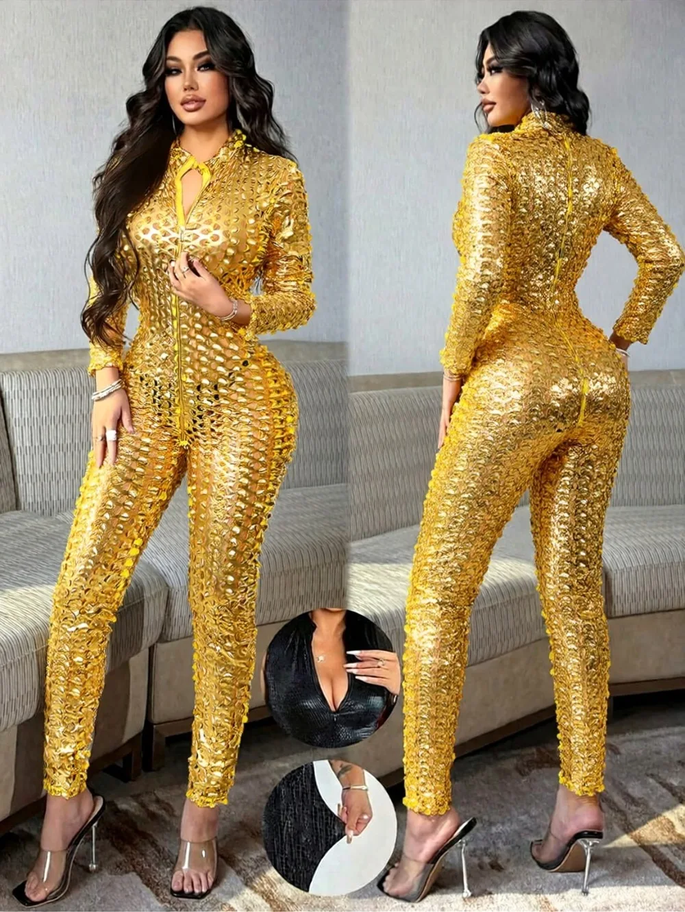 Wetlook Catsuit Sexy Women Long Faux Leather Jumpsuit Zipper Front Hollow Out Vinyl Bodysuit Erotico Club Pole Dance Costume