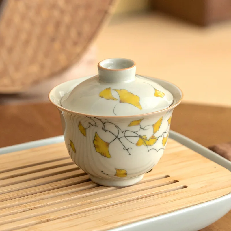 Ice Table Hand Painted Ginkgo Biloba Covered Bowl Teacup Ceramic Under Glaze Color Teacup Kung Fu Tea Set Home Tea Making Teacup