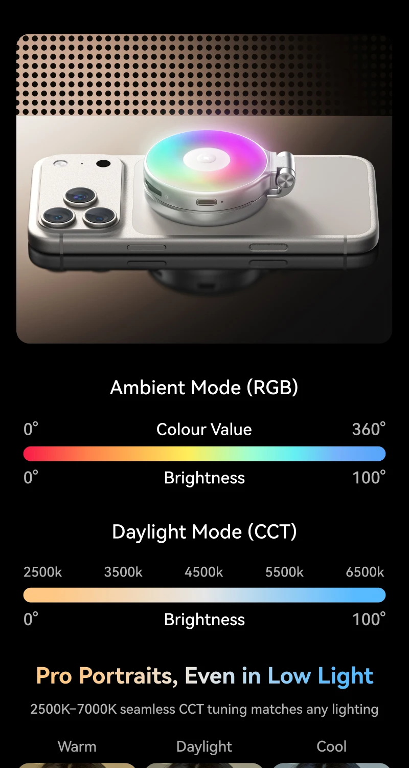 TELESIN Magnetisch 360° ° Rotierendes RGB-Füllicht Mini-Selfie-Licht 3 Modi Einstellbare Farbe und Helligkeit für Smartphone iPhone Android – Detail 4