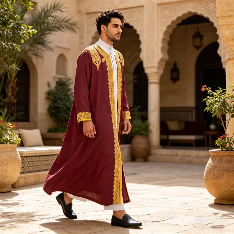 Traditional Embroidery Jubba Thobe Men Muslim Dress Saudi Arab Robe Kimono Cardigan Abaya Daffah Dishdasha Thoub Islam Clothing