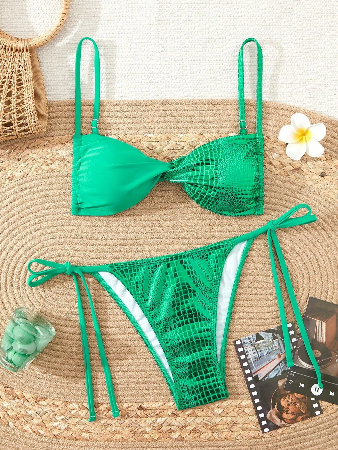 

2 Piece Swimsuit for Women Solid Color Green Shiny Mini Triangle Thong Bikini Set Sexy Suspender Backless Swimwear 2025 New