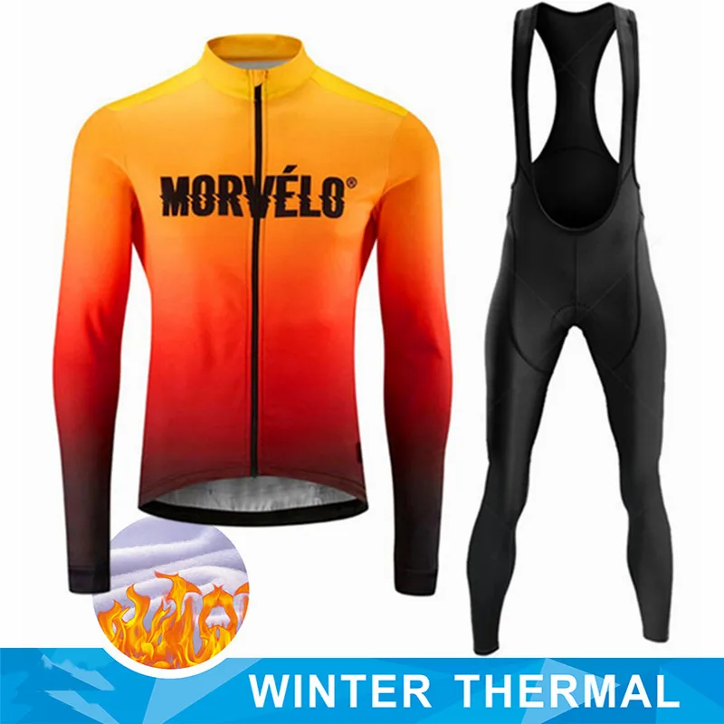 MORVELO Winter Thermal Fleece Long Sleeve Cycling Jersey Set Bib Pants Ropa Ciclismo Bicycle Clothing MTB Bike Men Pro Team Suit view 6