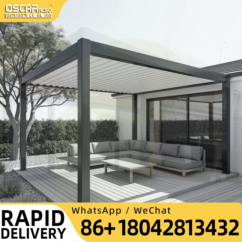 Weatherproof Aluminum Outdoor Pergola with Motorized Louver Roof RGB LED Lighting Glass Sliding Door for Garden Patio Europe per