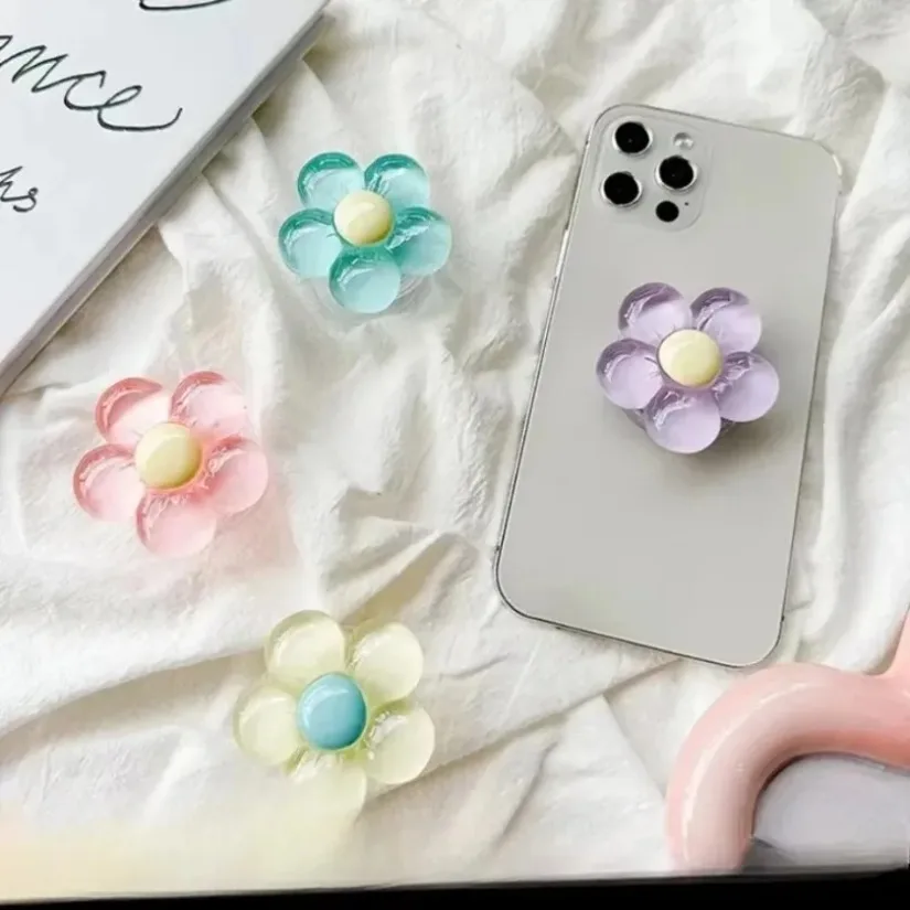 Przezroczysty kryształowy uchwyt na telefon w kształcie kwiatka, składany stojak biurkowy w kolorach cukierków, uroczy kwiatowy wysuwany uchwyt.