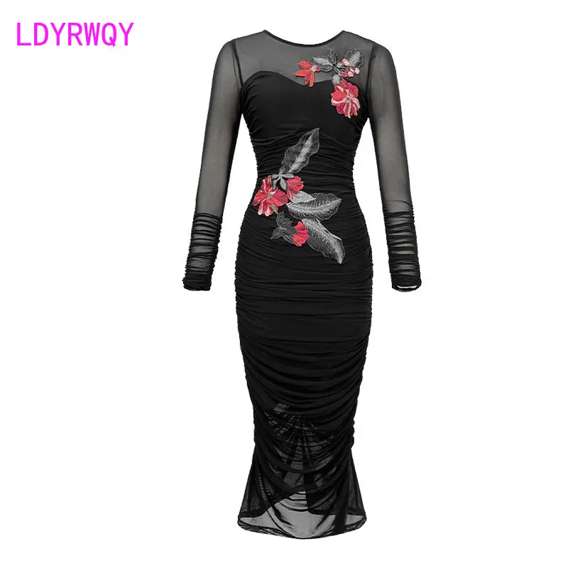 2022 Autumn and Winter New Women\'s Dress French Temperament Embroidery Mesh Slim Dress