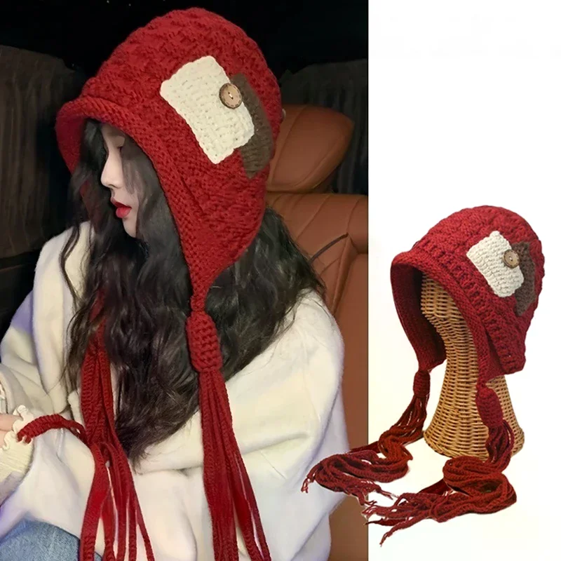 

Вязаная шапка ручной работы для женщин, зимняя теплая защитная шапка для ушей, женские корейские вязаные крючком пуловеры, шапки