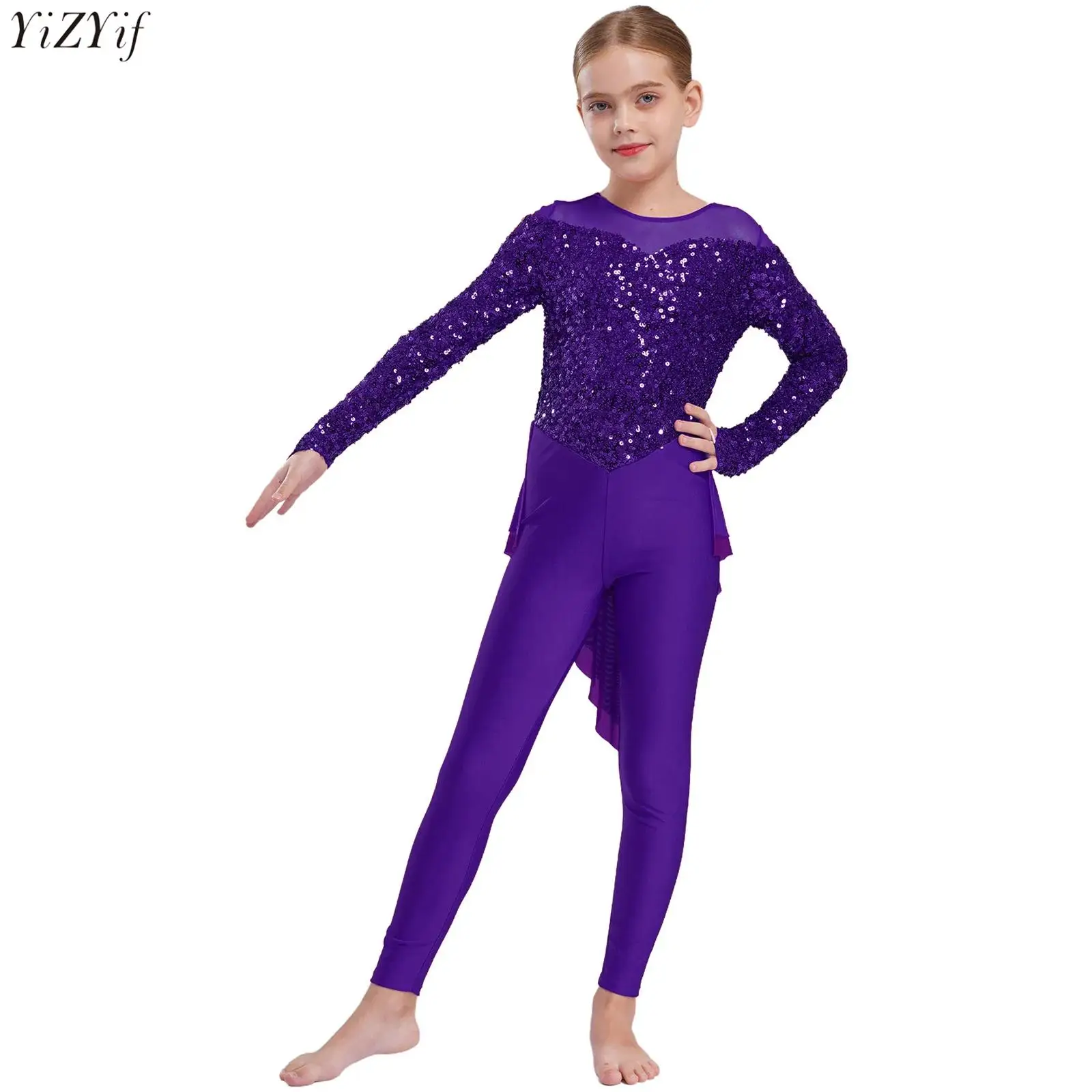 

Kids Girls Shiny Sequins Gymnastics Performance Jumpsuit Long Sleeve Ankle Length Leotard Skirted Bodysuit for Dance Competition