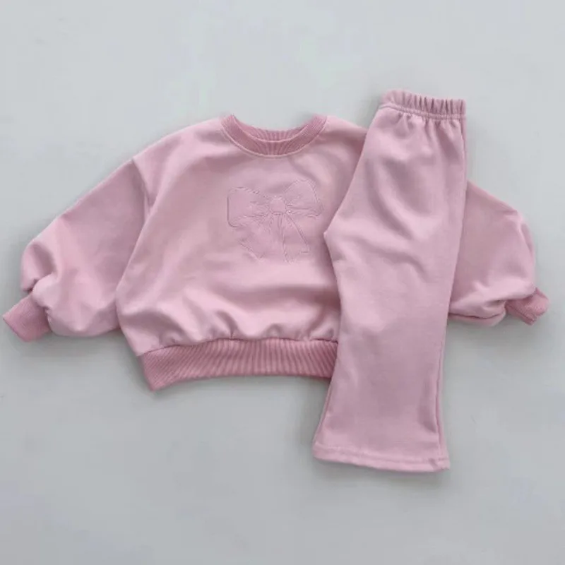 

2025 New Newborn Girls Cotton Two-piece Set for Children's Clothing Solid Color Baby Kids Bow Sweatshirt Flared Pants Outfits