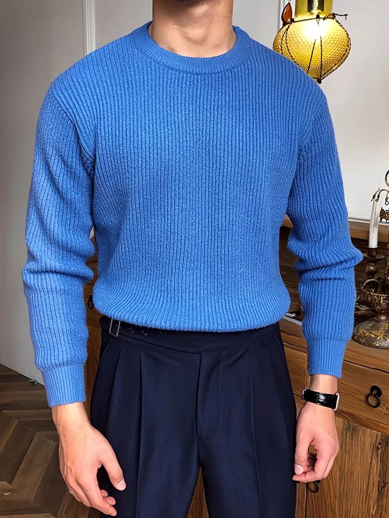 

LVLAEA Ripped Men's Knitted Pullover, Autumn Winter Long Sleeve Round Neck Shirt, Classic Old Money Style Breathable Casual Top