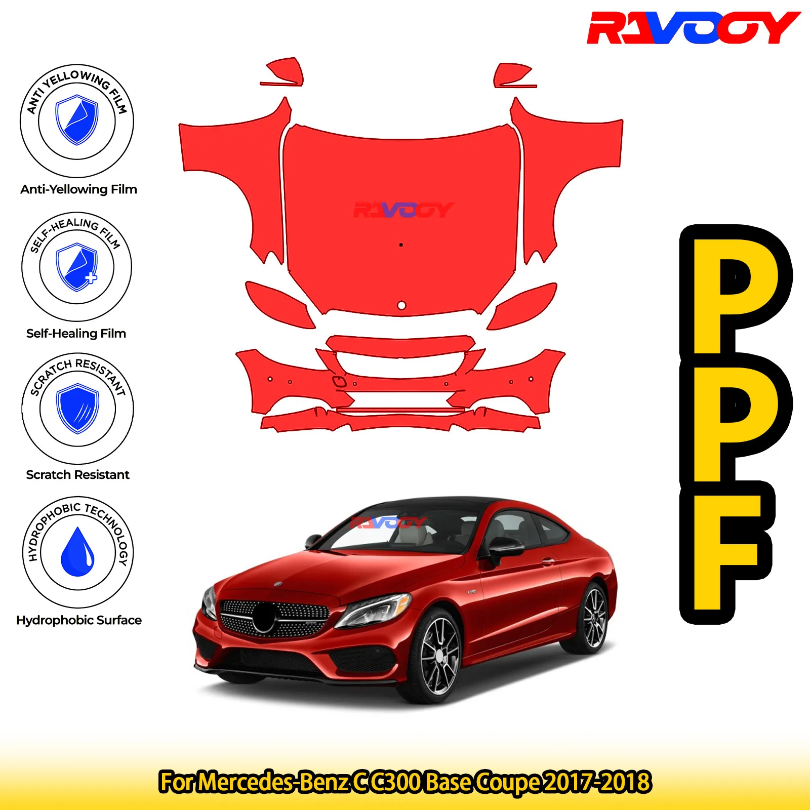 

For Mercedes-Benz C C300 Base Coupe 2017-2018 Glossy Matte Black Precut front PPF Kit Paint Protection Film