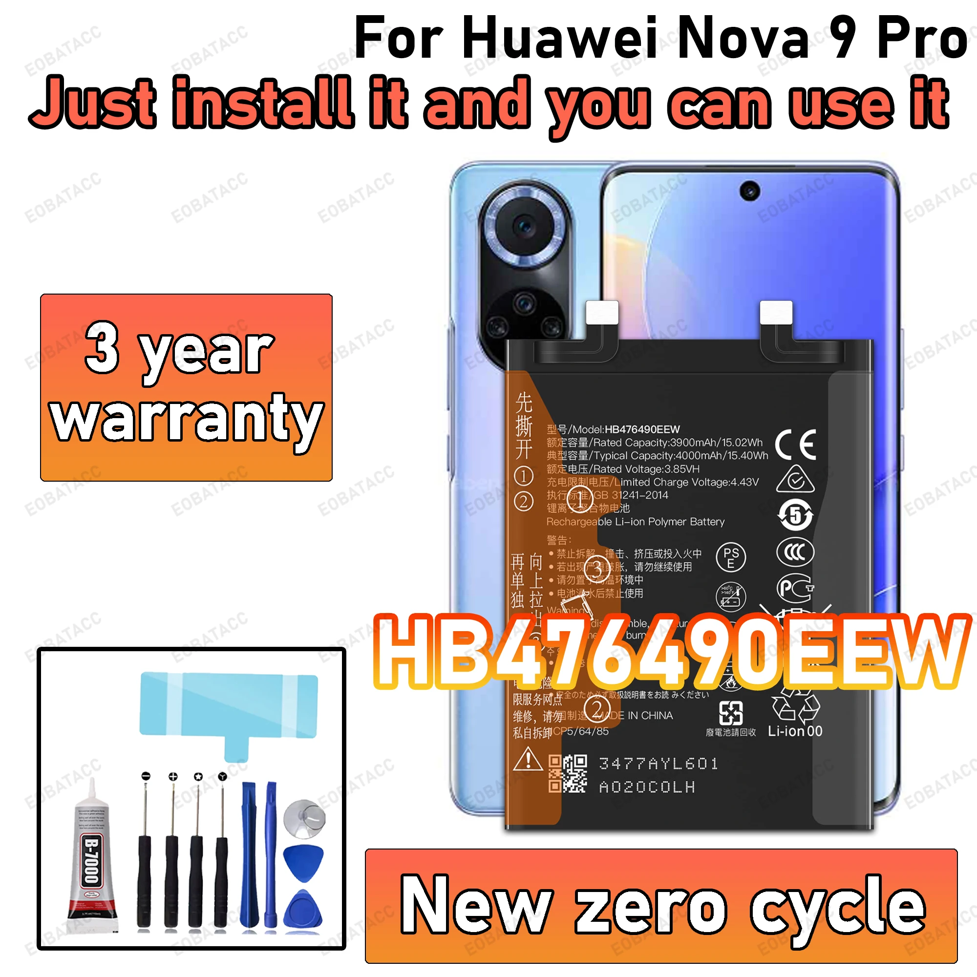 100% New High Capacity HB476490EEW Battery For Huawei Nova 9 pro Phone batteries batteria+Free Tools