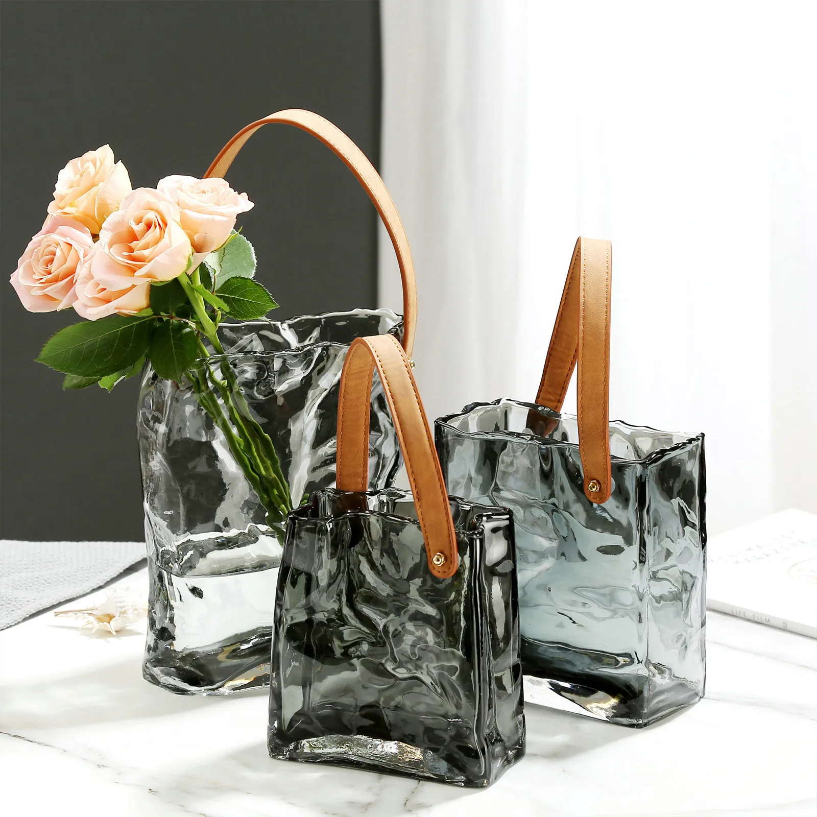 Nordic Home Decor Hand Blown Grey Amber Colored Glass Purse Vase Bag Shaped with Leather Strap Creative Style Hangbag Glass Vase