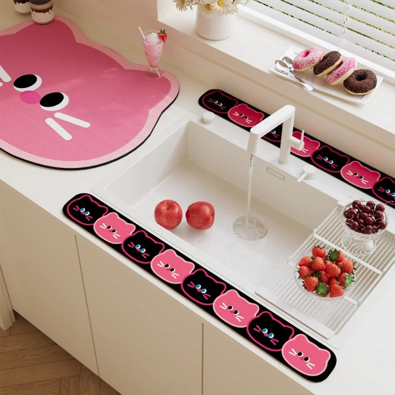 Cartoon Style Kitchen Desk Mat Heat Insulation Water Absorption For Coffee Machine Faucet Countertop Protection