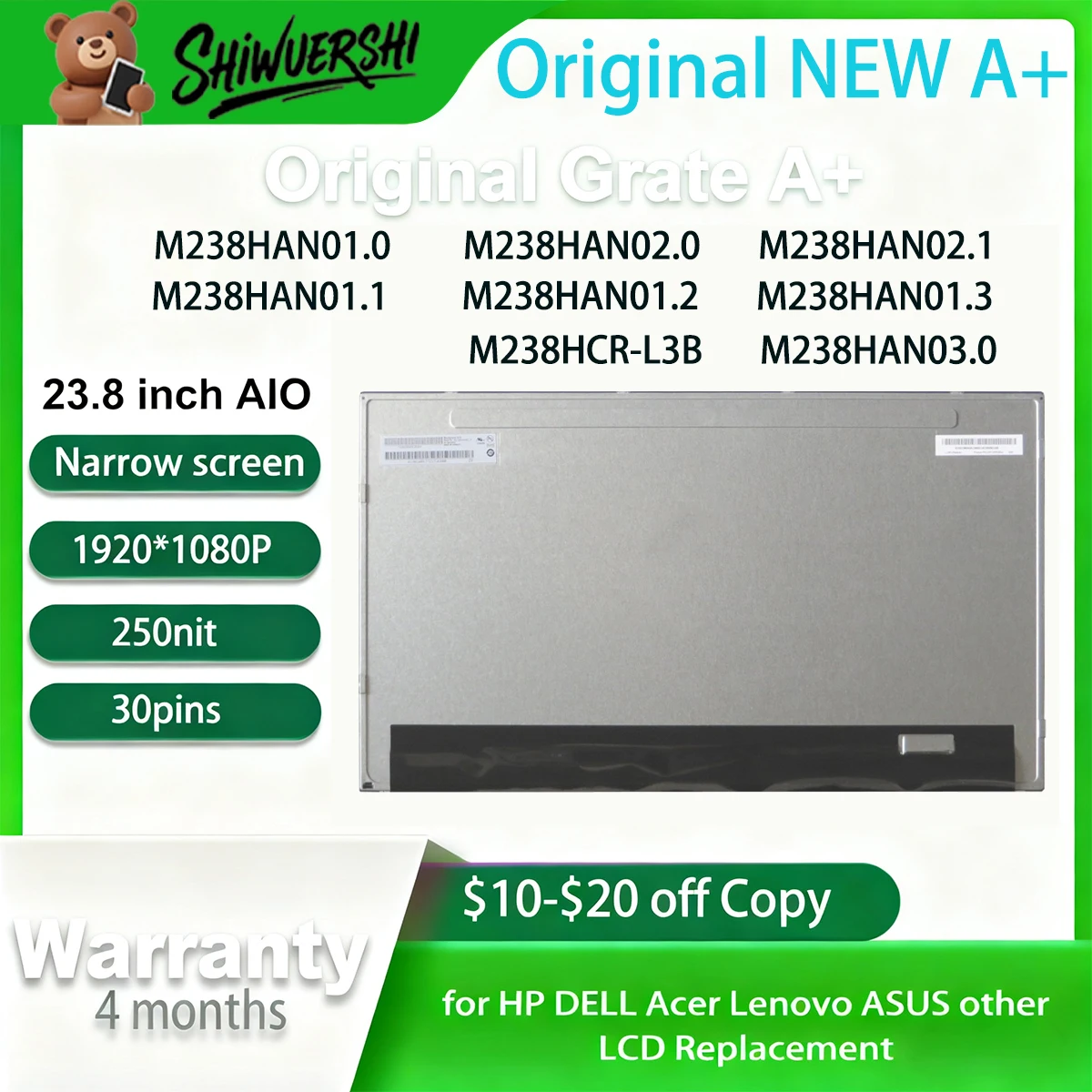 

Оригинальный новый ЖК-монитор 23,8 дюйма M238HAN01.0 M238HAN02.0 M238HAN02.1 M238HAN03.0 M238HAN01.1 M238HAN01.3 M238HCR-L3B M238HAN01.2