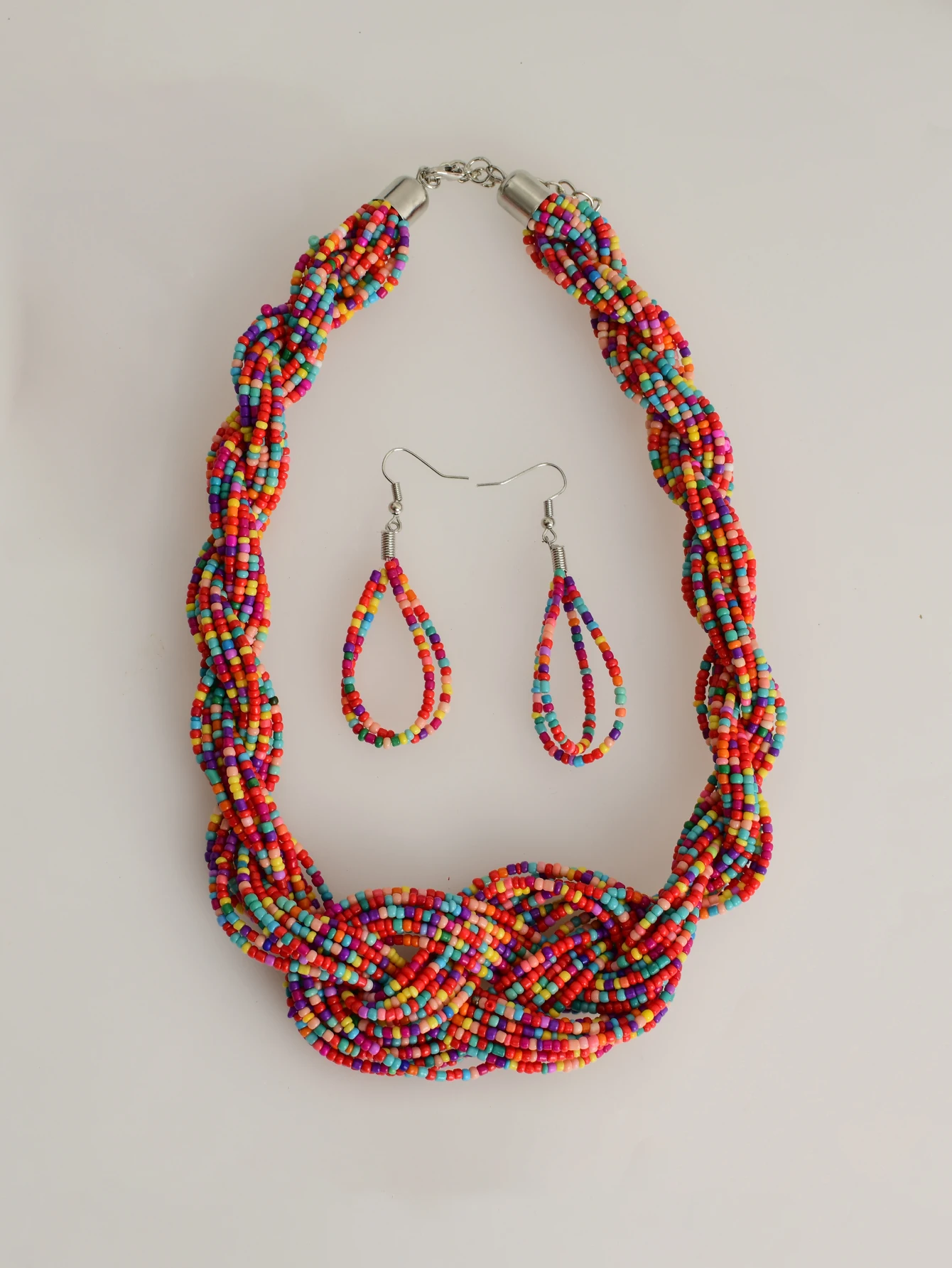 3-piece set of European and American fashion colorful multi-layer rice bead handmade woven necklace earrings set Bohemian style