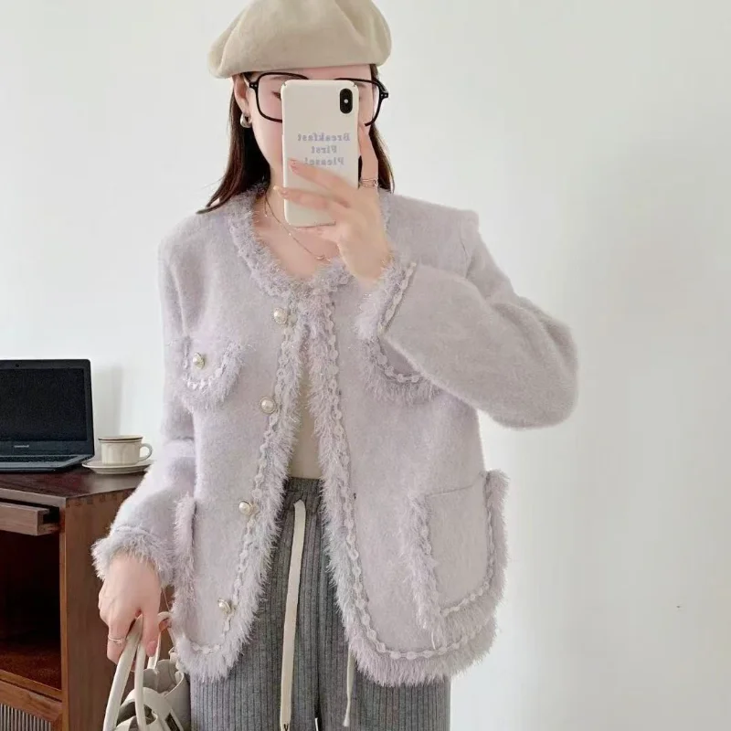 

Fashionable Spring Women's Imitation Mink Knitted 2025 New Elegant Celebrity Cardigan Top
