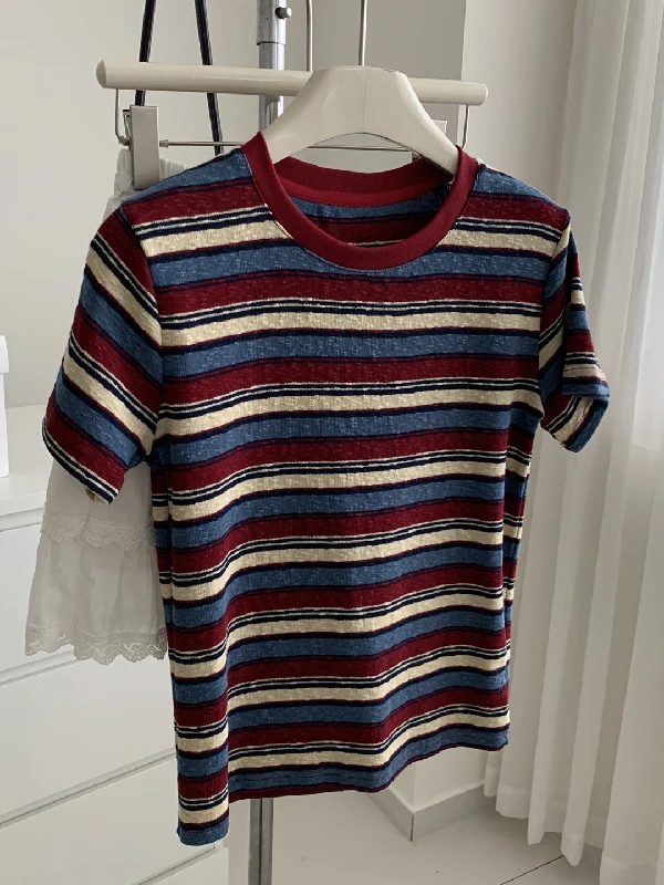 

plus Size Women's T-Shirt Summer Breathable Texture Short Sleeve Striped Base Shirt Vintage Style Loose Fit round Neck Top