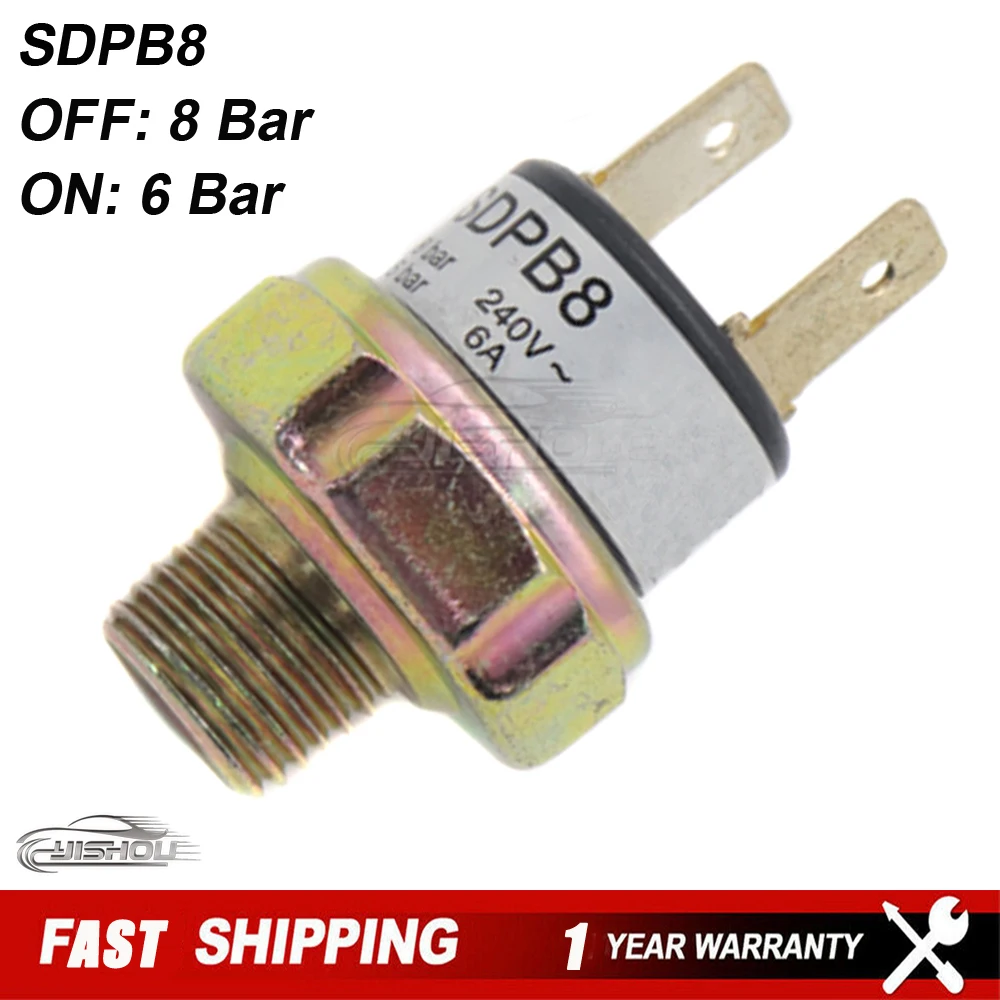 รถ Air Compressor ความดันสวิทช์ควบคุมถัง Mount วาล์วเกลียวสําหรับรถไฟฮอร์น 240V 6A 6Bar-8Bar SDPB8 OFF 8Bar บน 6Bar