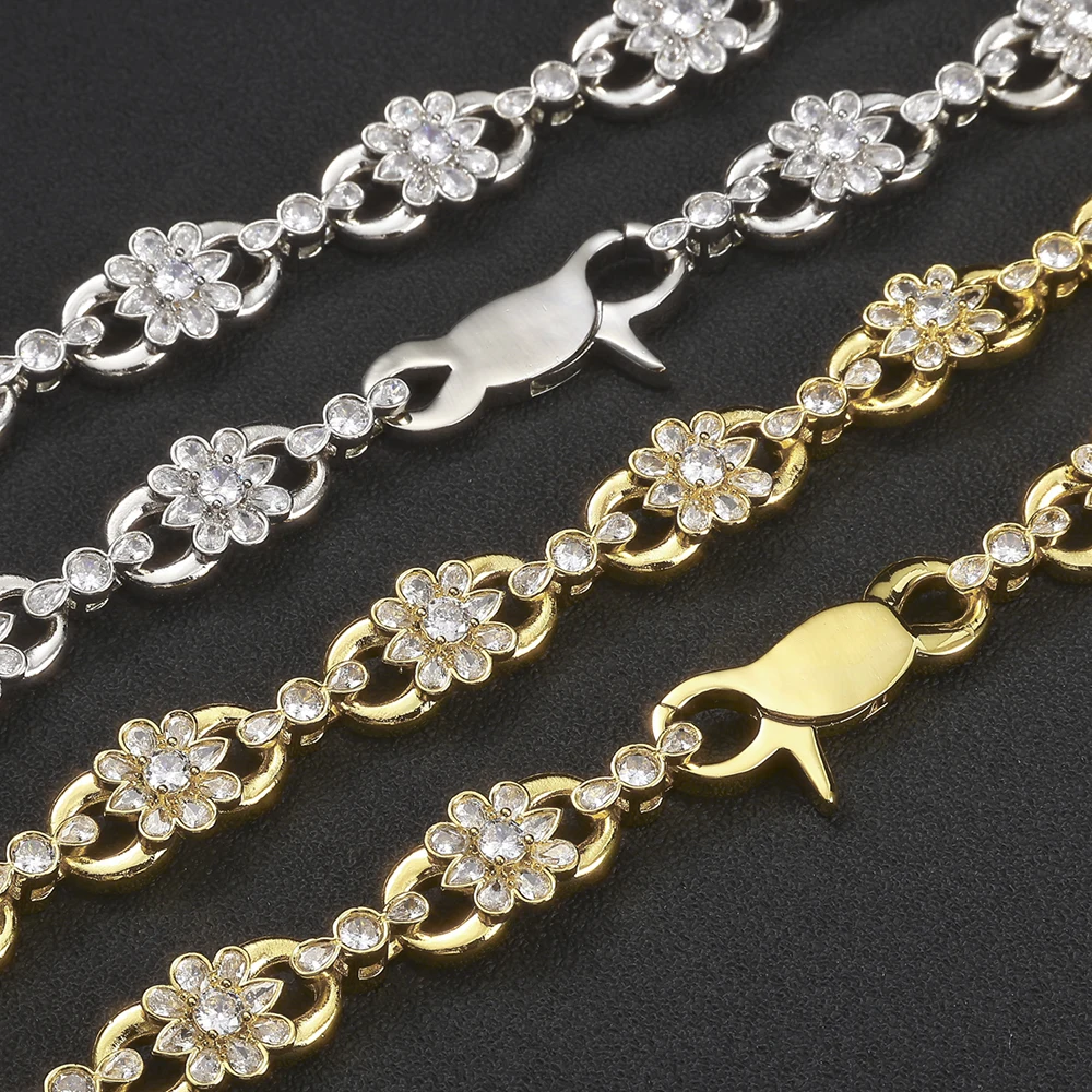 

Hip Hop Fine 11mm Bling Flower Cubic Zirconia Luxury Necklace Iced Out Brass 18k Gold Plated For Women Fashionable Party Jewelry