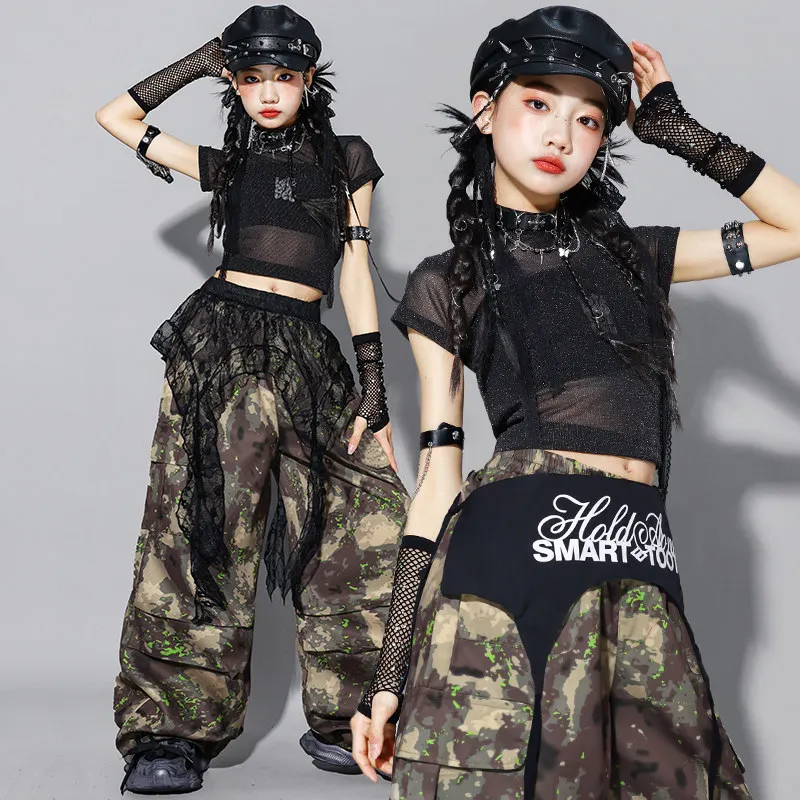 

Детская одежда для джазовых танцев 2026: сценический костюм K-pop, черный укороченный топ, камуфляжные брюки, костюм для девочек в стиле хип-хоп для уличных танцев AMY3482