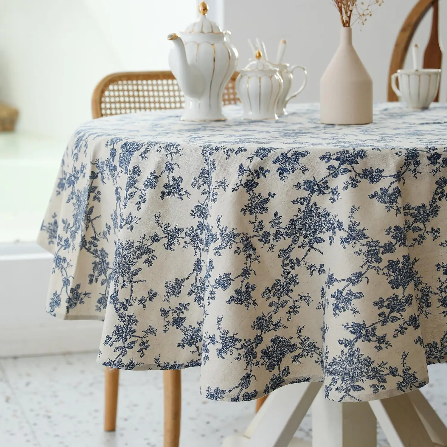 Runde Leinen-Tischdecke mit Gänseblümchen-Druck für Küche, Esszimmer, Couchtisch, Hochzeit, Geburtstagsfeier, Heimdekoration, Frühling