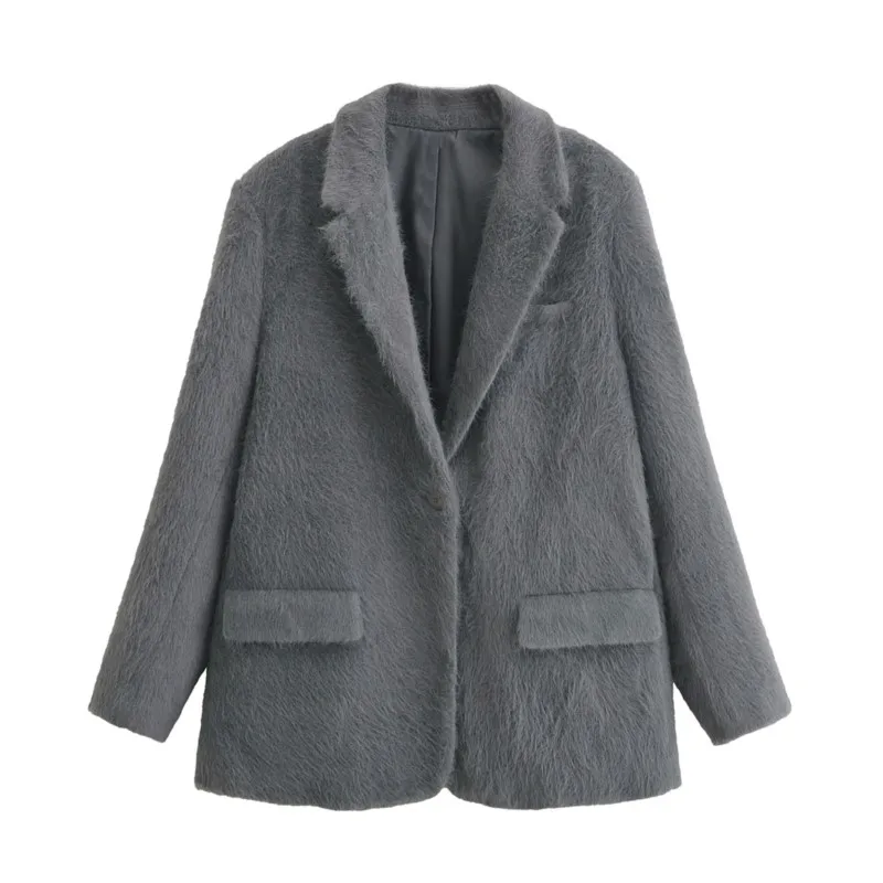 TRAF Artificial Fur Effect Blazers Women Autumn Casual Button Pocket Decorative Office Lady Female Blazer