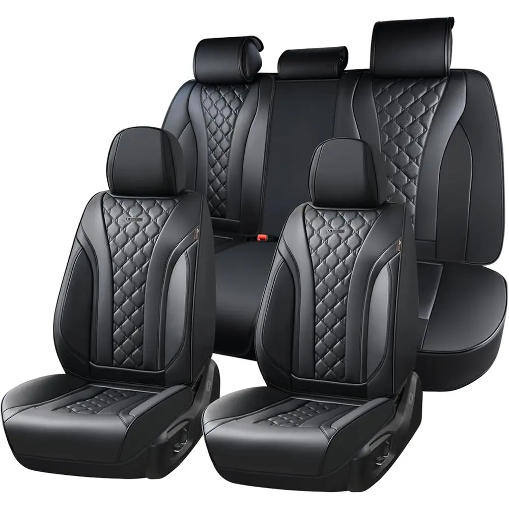 Universal Black Diamond-Patterned Leather Seat Covers, Waterproof for 5 Seats, Suitable for Most Cars