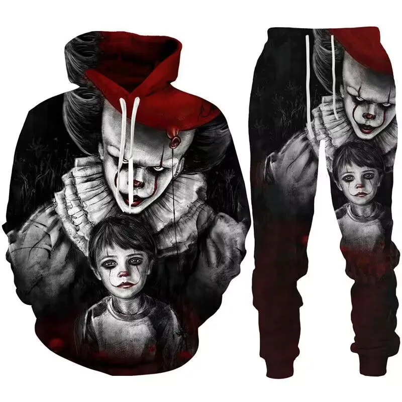 Halloween 3D Evil Clown Printed Oversize Hoodie Suit Funny Tracksuit Set Men Sweatshirt 2 Piece Autumn and Winter Men\'s Clothing